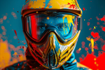 Obraz premium Dynamic paintball player in action with vibrant splashes of color - Generative AI artwork