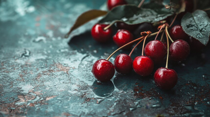 A vibrant illustration or image of fresh, ripe red cherry fruits. The cherries are depicted with rich, glossy red skin 