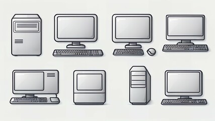 Illustration of various desktop computer setups with monitors, keyboards, and computer towers