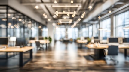 Abstract blurred image showcases a modern office interior with desks, computers, and ample light creating a calm workspace.