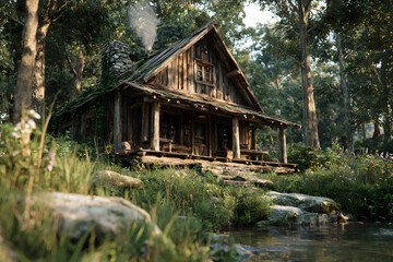 Rustic wooden cabin nestled among lush greenery in a scenic village setting