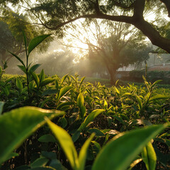 Obraz premium Sunlit Tea Garden in the Morning
