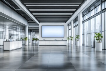 Modern interior of a spacious lobby designed for welcoming guests and showcasing digital displays in a sleek urban environment