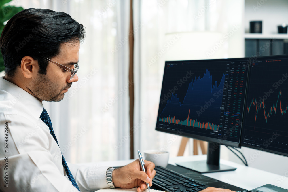 Poster smart trader businessman analyzing in two dynamic stock exchange investment screen on pc with invest