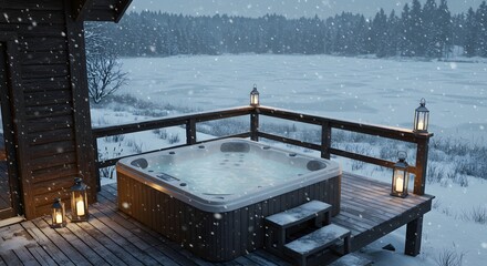 Winter wonderland hot tub escape snowy landscape cabin retreat relaxation and cozy atmosphere for vacation