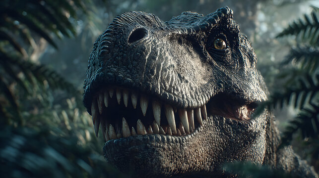 Dinosaur in a dense prehistoric jungle, featuring a roaring T-Rex with sharp teeth and intense expression. Ai Generated Images - Powered by Adobe