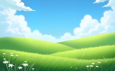 Obraz premium A serene landscape of lush green fields dotted with white flowers under a bright blue sky and fluffy clouds. High quality