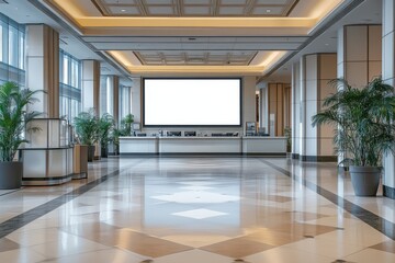 Modern lobby design showcases elegance with spacious layout and greenery in a bustling city environment