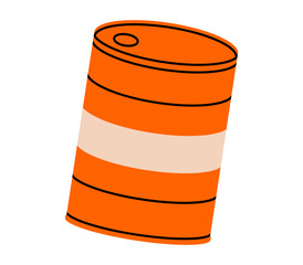 Hand drawn cute cartoon illustration of metal oil barrel. Flat vector fuel container doodle. Ecology problem sticker, icon. Cylinder gasoline can. Environmental pollution. Isolated.
