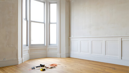 Empty room undergoing renovation with tools on the wooden floor and large bay windows