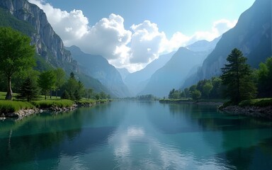 Tranquil mountain scenery with serene river lush trees and picturesque clouds in natural landscape Low Angle. High quality