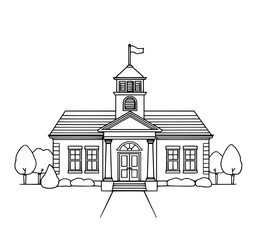 Classic Schoolhouse Line Art: A simple black and white illustration of a charming school building with a flag, columns, and landscaping, perfect for educational designs.