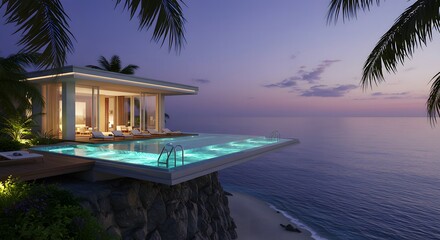 Fototapeta premium Luxury villa with infinity pool ocean view tropical paradise vacation home real estate dream house coastal living