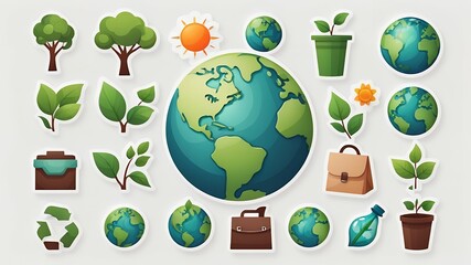 Illustration of earth globes, trees, sun, leaves, recycle symbol and briefcases on white background