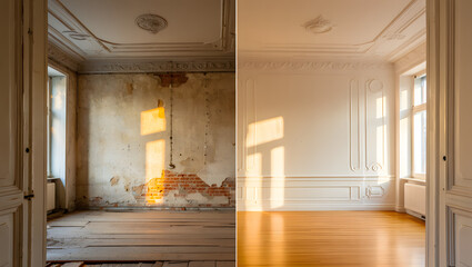 Before and after renovation comparison of a dilapidated room transformed into a bright elegant space