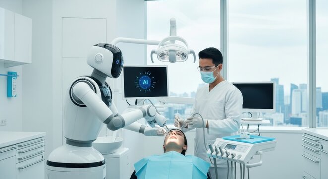 Woman patient undergoing dental procedure by robot with male asian dentist assisting. Modern artificial intelligence in dentistry clinic.