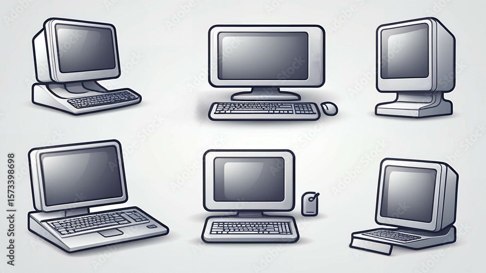 Fototapete Illustration of multiple retro style computers with monitors keyboards and mouse devices