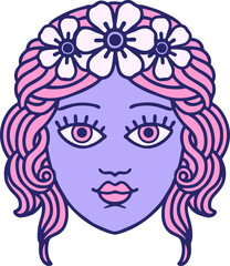 iconic tattoo style image of female face with crown of flowers in bright neon color