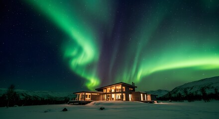 Aurora borealis northern lights house night sky winter snow landscape scenic travel destination outdoor