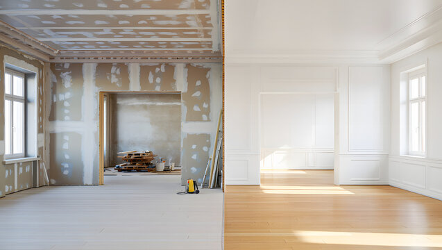 Split image showing a room under construction on the left and a beautifully renovated room on the right