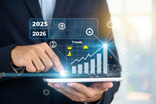 Businessman analyzing future financial trends on tablet