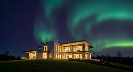 Modern house aurora borealis night sky stars luxury home real estate architecture design landscape view