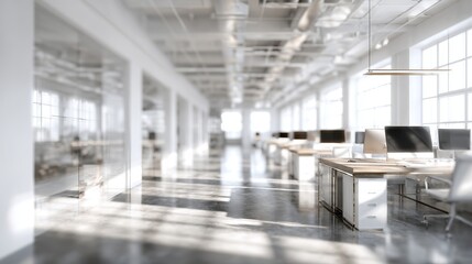 Bright, modern office space with rows of desks, large windows, and polished concrete floors, bathed in natural light creating a professional environment.