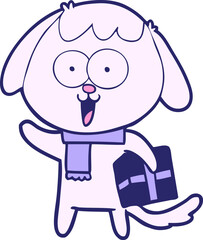 cute cartoon dog with christmas present in bright neon color