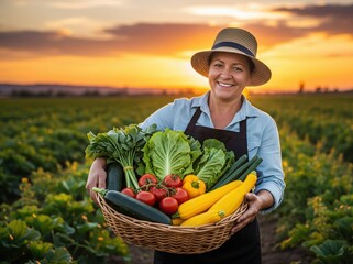 Silhouette of farmer holding garden basket full of vegetables against vibrant sunset, symbolizing honest labor, earth???s bounty and sustainable life