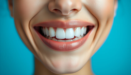 Obraz premium A close-up of natural white teeth against a soft blue background, representing dental health and confidence.