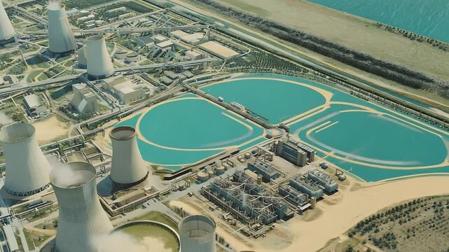 City with a large power plant and a body of water