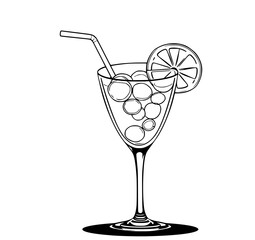 Citrus Cocktail Line Art: A refreshing black and white illustration of a cocktail glass filled with ice and citrus, adorned with a straw and an orange slice.