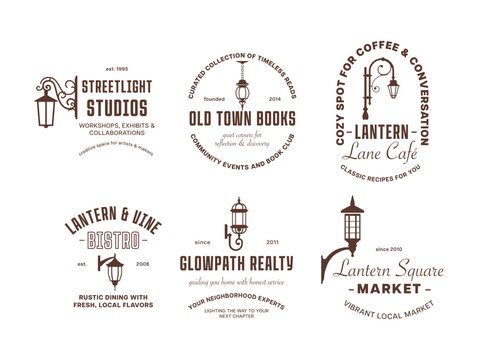 A collection of lantern logos representing local businesses. Each logo embodies a unique identity, emphasizing community involvement and local flavor.