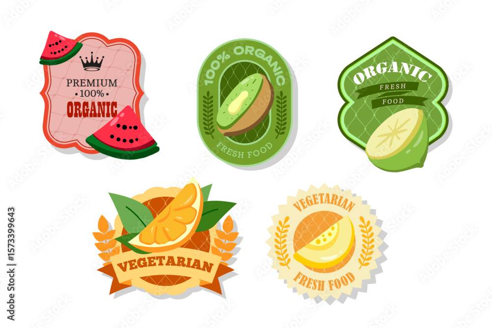 Fototapete retro fruits banner and labels. different juices stickers. packaging tags with kiwi; lime; melon; wa