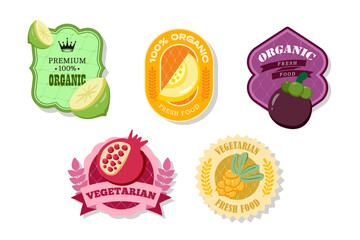 Retro fruits banner and labels. Different juices stickers. Packaging tags with lime, melon, pomegranate,seabuckthorn.Set of seasonal fruits labels stickers and marks or badges template for packaging