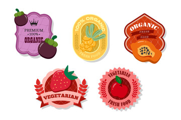 Retro fruits banner and labels. Different juices stickers. Packaging tags with papaya, apple, strawberry, seabuckthorn.Set of seasonal fruits labels stickers and marks or badges template for packaging