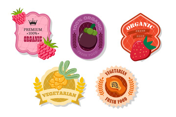 Retro fruits banner and labels. Different juices stickers. Packaging tags with strawberry,papaya, mangostin,raspberry.Set of seasonal fruits labels stickers and marks or badges template for packaging