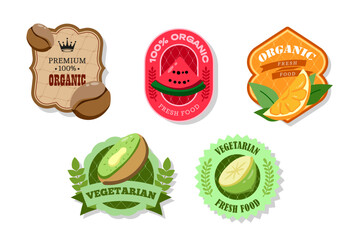 Retro fruits banner and labels. Different juices stickers. Packaging tags with kiwi; watermelon; orange; lime. Set of seasonal fruits labels stickers and marks or badges template for packaging