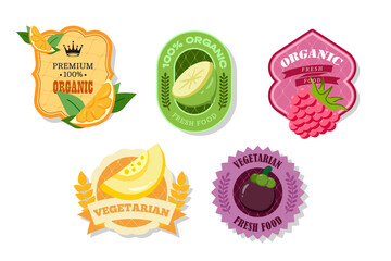 Retro fruits banner and labels. Different juices stickers. Packaging tags with lime, orange, raspberry, mangostin. Set of seasonal fruits labels stickers and marks or badges template for packaging