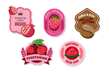 Retro fruits banner and labels. Different juices stickers. Packaging tags with coffee, cherry, raspberry, pomegranate. Set of seasonal fruits labels stickers and marks or badges template for packaging