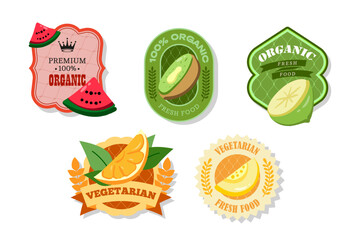 Retro fruits banner and labels. Different juices stickers. Packaging tags with kiwi; lime; melon; watermelon; orange. Set of seasonal fruits labels stickers and marks or badges template for packaging