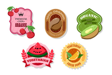 Retro fruits banner and labels. Different juices stickers. Packaging tags with kiwi, watermelon, cherry, coffee. Set of seasonal fruits labels stickers and marks or badges template for packaging