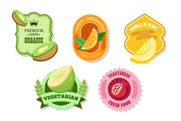 Retro fruits banner and labels. Different juices stickers. Packaging tags with lime, melon, kiwi, orange, pomegranate. Set of seasonal fruits labels stickers and marks or badges template for packaging