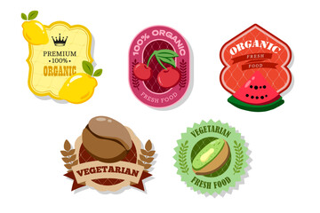 Retro fruits banner and labels. Different juices stickers. Packaging tags with kiwi; watermelon; cherry; lemon; coffee.Set of seasonal fruits labels stickers and marks or badges template for packaging