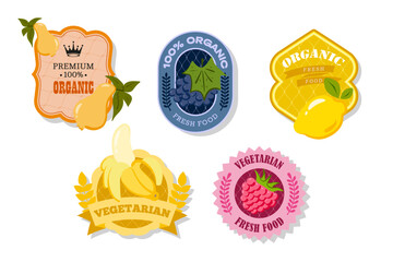 Retro fruits banner and labels. Different juices stickers. Packaging tags with pear, grape, lemon, banana, raspberry. Set of seasonal fruits labels stickers and marks or badges template for packaging