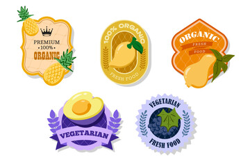 Retro fruits banner and labels. Different juices stickers. Packaging tags with mango, pear, plum, grape, pineapple. Set of seasonal fruits labels stickers and marks or badges template for packaging