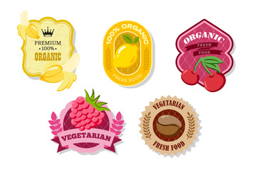 Retro fruits banner and labels. Different juices stickers. Packaging tags with coffee, cherry, banana, raspberry. Set of seasonal fruits labels stickers and marks or badges template for packaging