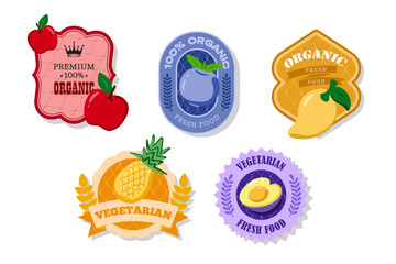 Retro fruits banner and labels. Different juices stickers. Packaging tags with pineapple, mango, blueberry, apple. Set of seasonal fruits labels stickers and marks or badges template for packaging