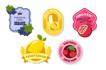 Retro fruits banner and labels. Different juices stickers. Packaging tags with cherry, lemon, grape, pomegranate. Set of seasonal fruits labels stickers and marks or badges template for packaging