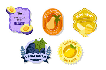 Retro fruits banner and labels. Different juices stickers. Packaging tags with plum, lemon, banana, grape, pear. Set of seasonal fruits labels stickers and marks or badges template for packaging